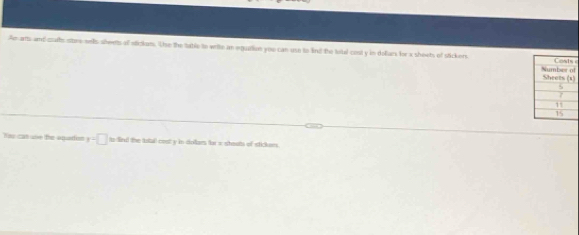 Ae art and-safts store sells sheets of sticken. Use the table to write an equrtion you can use to fnd the tobel cost y in dollars for a sheets of stickers f) c 
Yas can we the aqadion y=□ to lind the total cost y in dolars far x stouts of stickom.