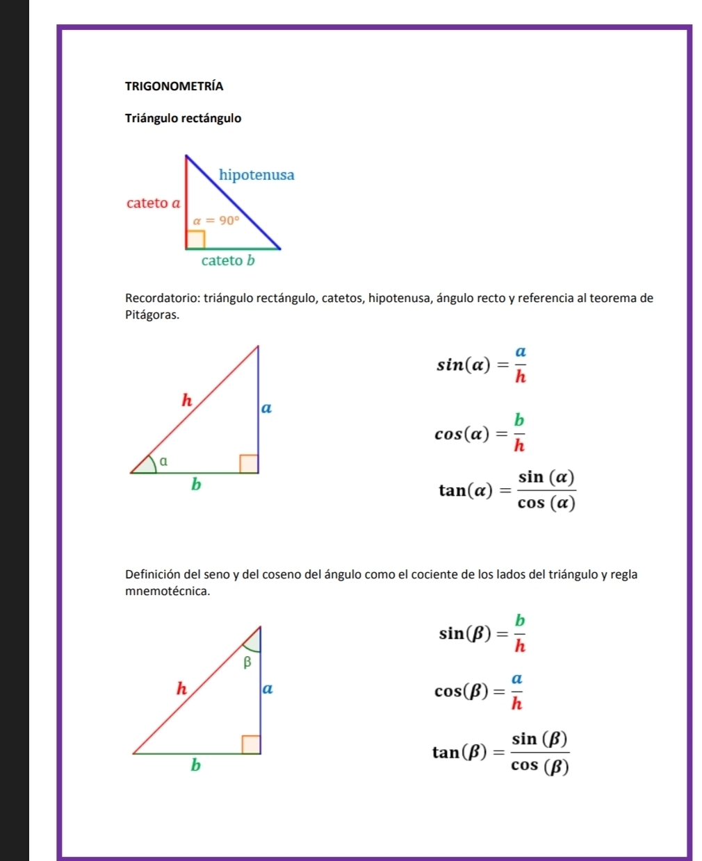 TRIGONOMETRÍA
Triángulo rectángulo
Recordatorio: triángulo rectángulo, catetos, hipotenusa, ángulo recto y referencia al teorema de
Pitágoras.
sin (alpha )= a/h 
cos (alpha )= b/h 
tan (alpha )= sin (alpha )/cos (alpha ) 
Definición del seno y del coseno del ángulo como el cociente de los lados del triángulo y regla
mnemotécnica.
sin (beta )= b/h 
cos (beta )= a/h 
tan (beta )= sin (beta )/cos (beta ) 