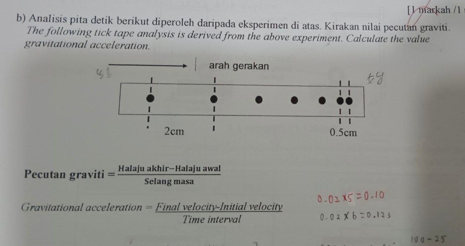 [l markah / 1 
b) Analisis pita detik berikut diperoleh daripada eksperimen di atas. Kirakan nilai pecutan graviti. 
The following tick tape analysis is derived from the above experiment. Calculate the value 
gravitational acceleration. 
Pecutan graviti = (Halajuakhir-Halajuawal)/Selangmasa 
Gravitational acceleration =frac Finalvelocity-Initialvelocity(Timeinterval)° rallon