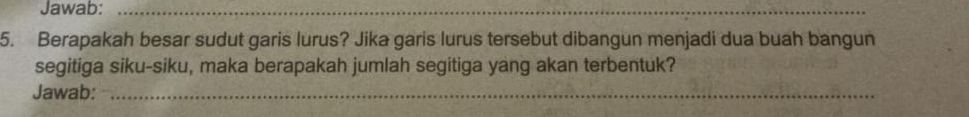 Jawab:_ 
5. Berapakah besar sudut garis lurus? Jika garis lurus tersebut dibangun menjadi dua buah bangun 
segitiga siku-siku, maka berapakah jumlah segitiga yang akan terbentuk? 
Jawab:_