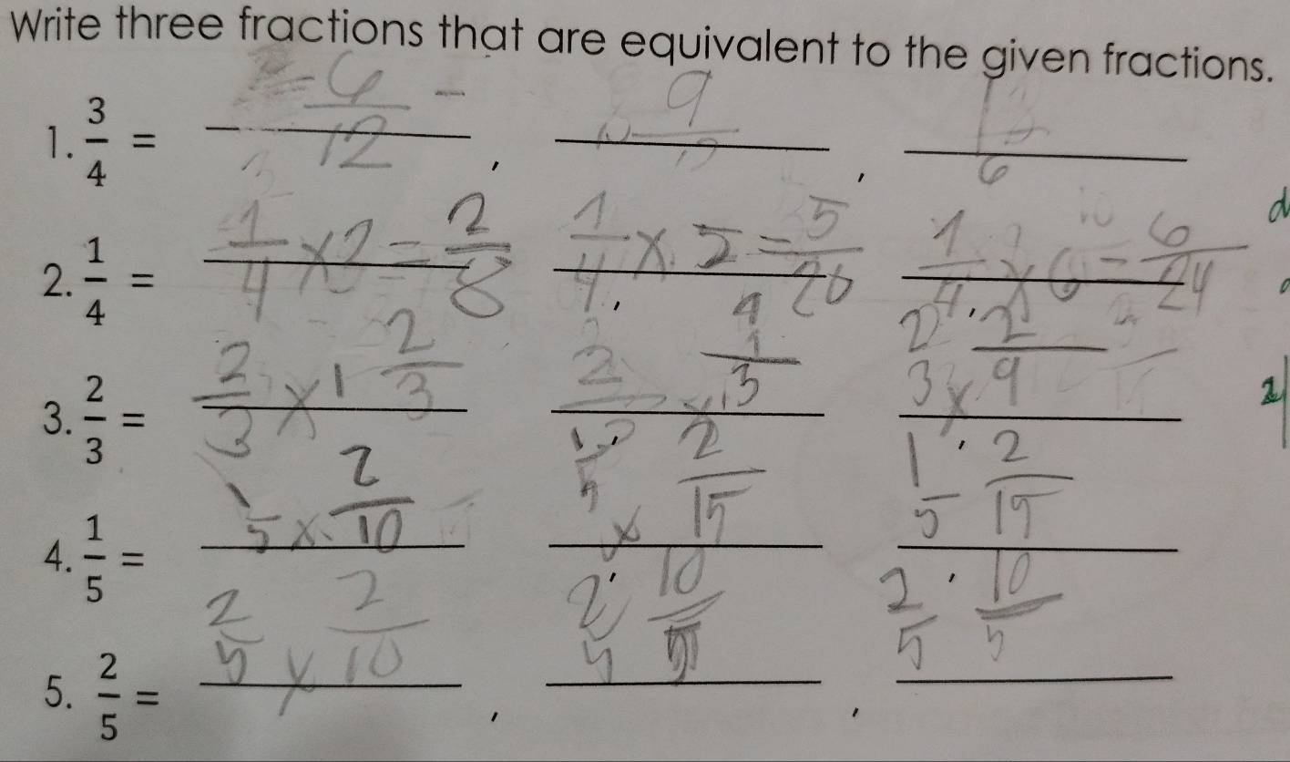 Write three fractions that are equivalent to the given fractions. 
1.  3/4 =
_ 
_ 
_ 
_ 
2.  1/4 =
_ 
_ 
3.  2/3 =
__ 
_ 
_ 
_ 
4.  1/5 = _ 
_ 
_ 
_ 
5.  2/5 = _ 
_ 
_ 
1