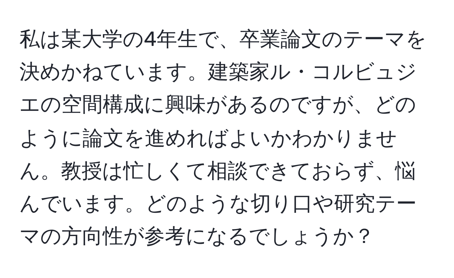 私は某大学の4年生で、卒業論文のテーマを決めかねています。建築家ル・コルビュジエの空間構成に興味があるのですが、どのように論文を進めればよいかわかりません。教授は忙しくて相談できておらず、悩んでいます。どのような切り口や研究テーマの方向性が参考になるでしょうか？