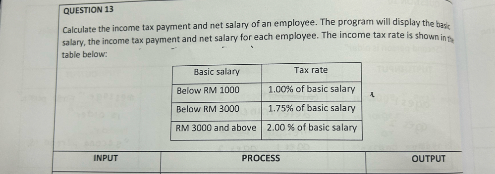 Calculate the income tax payment and net salary of an employee. The program will display the basic 
salary, the income tax payment and net salary for each employee. The income tax rate is shown in the 
table below: 
INPUT PROCESS OUTPUT