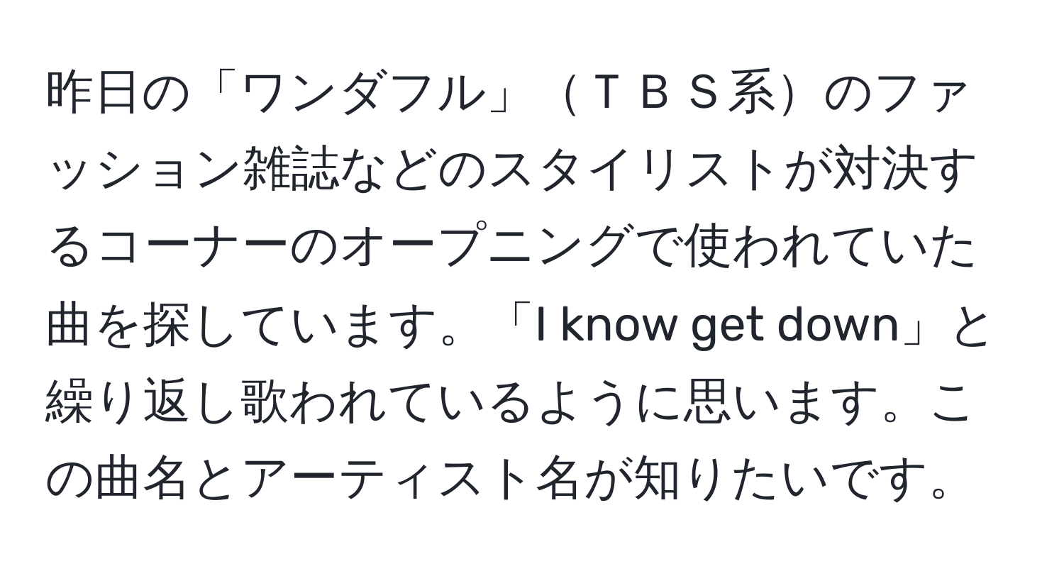 昨日の「ワンダフル」ＴＢＳ系のファッション雑誌などのスタイリストが対決するコーナーのオープニングで使われていた曲を探しています。「I know get down」と繰り返し歌われているように思います。この曲名とアーティスト名が知りたいです。