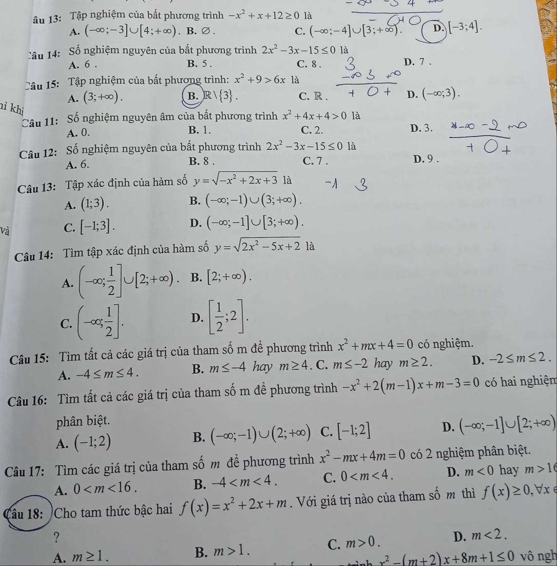 âu 13: Tập nghiệm của bất phương trình -x^2+x+12≥ 0 là
A. (-∈fty ;-3]∪ [4;+∈fty ). B.∅ . C. (-∈fty ;-4]∪ [3;+∈fty ). D. [-3;4].
Câu 14: Số nghiệm nguyên của bất phương trình 2x^2-3x-15≤ 0 là
A. 6 . B. 5 . C. 8 . D. 7 .
Câu 15: Tập nghiệm của bất phương trình: x^2+9>6x là
A. (3;+∈fty ). B.R  3 . C. R . D. (-∈fty ;3).
hi khi
Câu 11: Số nghiệm nguyên âm của bất phương trình x^2+4x+4>0 là
A. 0.
B. 1. C. 2. D. 3.
Câu 12: Số nghiệm nguyên của bất phương trình 2x^2-3x-15≤ 0 là
B. 8 .
A. 6. C. 7 . D. 9 .
Câu 13: Tập xác định của hàm số y=sqrt(-x^2+2x+3) là
A. (1;3). B. (-∈fty ;-1)∪ (3;+∈fty ).
và
C. [-1;3].
D. (-∈fty ;-1]∪ [3;+∈fty ).
Câu 14: Tìm tập xác định của hàm số y=sqrt(2x^2-5x+2) là
A. (-∈fty ; 1/2 ]∪ [2;+∈fty ). B. [2;+∈fty ).
C. (-∈fty ; 1/2 ]. D. [ 1/2 ;2].
Câu 15: Tìm tất cả các giá trị của tham số m để phương trình x^2+mx+4=0 có nghiệm.
A. -4≤ m≤ 4. B. m≤ -4 hay m≥ 4. C. m≤ -2 hay m≥ 2. D. -2≤ m≤ 2.
Câu 16: Tìm tất cả các giá trị của tham số m để phương trình -x^2+2(m-1)x+m-3=0 có hai nghiệm
phân biệt.
A. (-1;2)
B. (-∈fty ;-1)∪ (2;+∈fty ) C. [-1;2] D. (-∈fty ;-1]∪ [2;+∈fty )
Câu 17: Tìm các giá trị của tham số m để phương trình x^2-mx+4m=0 có 2 nghiệm phân biệt.
A. 0
B. -4 C. 0 D. m<0</tex> hay m>1
lâu 18: Cho tam thức bậc hai f(x)=x^2+2x+m. Với giá trị nào của tham số m thì f(x)≥ 0,forall x
?
B. m>1. C. m>0. D. m<2.
A. m≥ 1. x^2-(m+2)x+8m+1≤ 0 vô ngh
,1