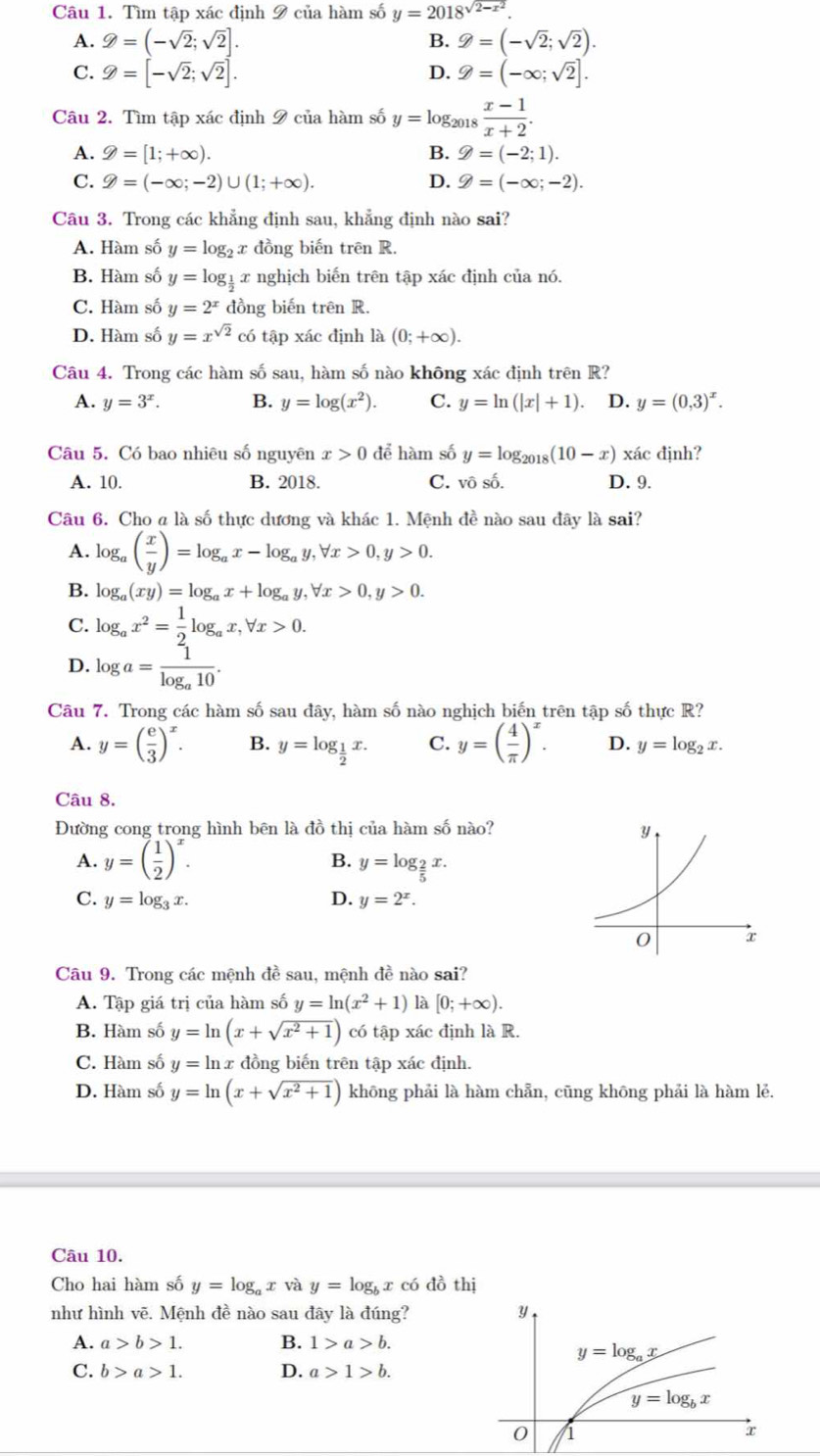 Tìm tập xác định 9 của hàm số y=2018^(sqrt(2-x^2)).
A. varnothing =(-sqrt(2);sqrt(2)]. g=(-sqrt(2);sqrt(2)).
B.
C. g=[-sqrt(2);sqrt(2)]. D. 9=(-∈fty ;sqrt(2)].
Câu 2. Tìm tập xác định 9 của hàm số y=log _2 018  (x-1)/x+2 .
A. 9=[1;+∈fty ). B. g=(-2;1).
C. 9=(-∈fty ;-2)∪ (1;+∈fty ). D. g=(-∈fty ;-2).
Câu 3. Trong các khẳng định sau, khẳng định nào sai?
A. Hàm số y=log _2x đồng biến trên R.
B. Hàm số y=log _ 1/2  x nghịch biến trên tập xác định của nó.
C. Hàm số y=2^x đồng biến trên R.
D. Hàm số y=x^(sqrt(2)) có tập xác định là (0;+∈fty ).
Câu 4. Trong các hàm số sau, hàm số nào không xác định trên R?
A. y=3^x. B. y=log (x^2). C. y=ln (|x|+1). D. y=(0,3)^x.
Câu 5. Có bao nhiêu số nguyên x>0 để hàm số y=log _2018(10-x) xác định?
A. 10. B. 2018. C. vô số. D. 9.
Câu 6. Cho a là số thực dương và khác 1. Mệnh đề nào sau đây là sai?
A. log _a( x/y )=log _ax-log _ay,forall x>0,y>0.
B. log _a(xy)=log _ax+log _ay,forall x>0,y>0.
C. log _ax^2= 1/2 log _ax,forall x>0.
D. log a=frac 1log _a10.
Câu 7. Trong các hàm số sau đây, hàm số nào nghịch biến trên tập số thực R?
A. y=( e/3 )^x. B. y=log _ 1/2 x. C. y=( 4/π  )^x. D. y=log _2x.
Câu 8.
Đường cong trong hình bên là đồ thị của hàm số nào?
A. y=( 1/2 )^x. B. y=log _ 2/5 x.
C. y=log _3x. D. y=2^x.
Câu 9. Trong các mệnh đề sau, mệnh đề nào sai?
A. Tập giá trị của hàm số y=ln (x^2+1) là [0;+∈fty ).
B. Hàm số y=ln (x+sqrt(x^2+1)) có tập xác định là R.
C. Hàm số y=ln xđồng biến trên tập xác định.
D. Hàm số y=ln (x+sqrt(x^2+1)) khōng phải là hàm chẵn, cũng không phải là hàm lẻ.
Câu 10.
Cho hai hàm số y=log _ax và y=log _bx có đồ thị
như hình vẽ. Mệnh đề nào sau đây là đúng?
A. a>b>1. B. 1>a>b.
C. b>a>1. D. a>1>b.