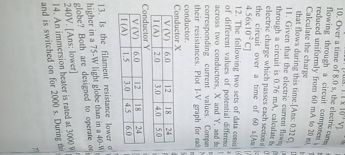 1.1* 10^(-3)V]. Thể
10. Over a time of 8.0 s, the electric currn
flowing through a circuit component i    
reduced uniformly from 60 mA to 20 mA 1
Calculate the charge
b
that flows during this time.[Ans: 0.32 C] ID
11. Given that the electric current flowing a
through a circuit is 0.76 mA, calculate the (b
electric charge which passes each section of 0
the circuit over a time of 60 s.[Am: (c
4.56* 10^(-2)C]
f
12. The following two sets of data consis
of different values of potential difference a
across two conductors, X and Y, and the
corresponding current values. Compare n
their resistances. Plot I-V graph for each
I
conductor.
 
Conductor X
13. Is the filament resistance lower of
higher in a 75-W light globe than in a 40-W
globe? Both are designed to operate on
240V. [Ans: lower]
14. An immersion heater is rated at 3000 W
and is switched on for 2000 s. During this
71