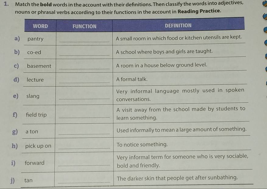 Match the bold words in the account with their definitions. Then classify the words into adjectives, 
the account in Reading Practice. 
j) tan_