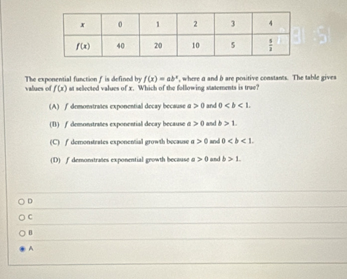 The exponential function f is defined by f(x)=ab^x , where a and b are positive constants. The table gives
values of f(x) at selected values of x. Which of the following statements is true?
(A) ∫ demonstrates exponential decay because a>0 and 0
(B) ∫ demonstrates exponential decay because a>0 and b>1.
(C) f demonstrates exponential growth because a>0 and 0
(D) fdemonstrates exponential growth because a>0 and b>1.
D
C
B
A