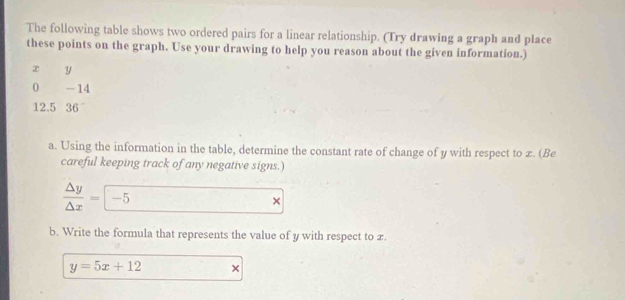 The following table shows two ordered pairs for a linear relationship. (Try drawing a graph and place 
these points on the graph. Use your drawing to help you reason about the given information.)
x y
0 -14
12.5 96°
a. Using the information in the table, determine the constant rate of change of y with respect to ∞. (Be 
careful keeping track of any negative signs.)
 △ y/△ x =-5
× 
b. Write the formula that represents the value of y with respect to x.
y=5x+12 ×