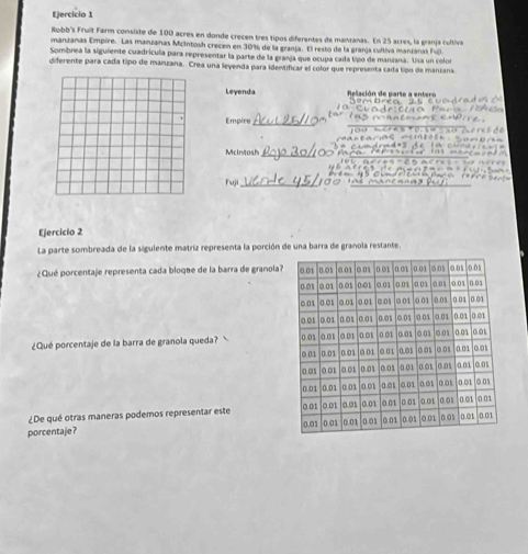 Robb's Fruit Farm consiste de 100 acres en donde crecen tres tipos diferentes de manzanas. En 25 acres, la granja cultiva 
manzanas Empire. Las manzanas Micintosh crecen en 30% de la granja. El resto de la granja cultiva manzanas Ful 
Sombrea la siguiente cuadrícula para representar la parte de la granja que ocupa cada tipo de manzana. Ua un color 
diderente para cada tipo de manzana. Crea una leyenda para identificar el color que representa cada tipo de manzana. 
Leyenda Relación de parte a entero 
Empire 
_ 
Mcintosh 
_ 
Fuji_ 
Ejercicio 2 
La parte sombreada de la siguiente matriz representa la porción de una barra de granola restante. 
¿Qué porcentaje representa cada bloque de la barra de granola? 
¿Qué porcentaje de la barra de granola queda? 
¿De qué otras maneras podemos representar este 
porcentaje?