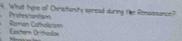 What type of Christianity spread during the Renassance?
Profestantism
Reman Catholicism
Eastern Orthodiax