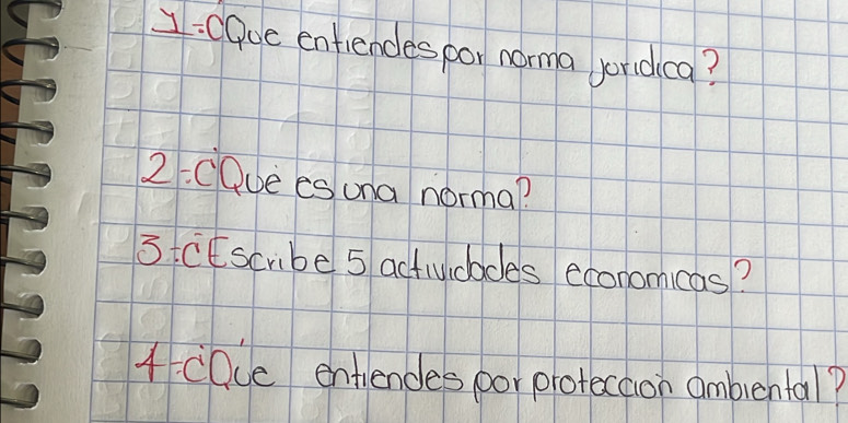 1:C0e enfendes por norma joridca? 
2:cQue es una norma? 
3 icEscribe 5 actividades economicas? 
4 cDue entiendes oor plotecaion ambental?