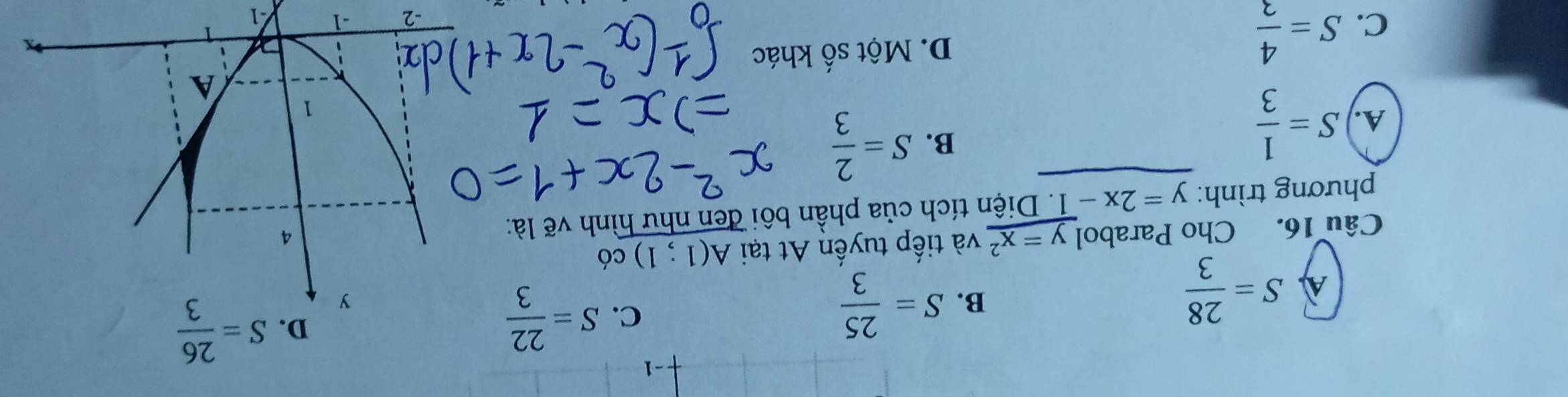 1
A S= 28/3 
B. S= 25/3 
C. S= 22/3 
D.
S= 26/3 
Câu 16. Cho Parabol y=x^2 và tiếp tuyến At tại A(1;1) có
phương trình: y=2x-1. Diện tích của phần bôi đen như hình vẽ là:
B.
A. S= 1/3  S= 2/3 
C. S= 4/3 
D. Một số khác
1