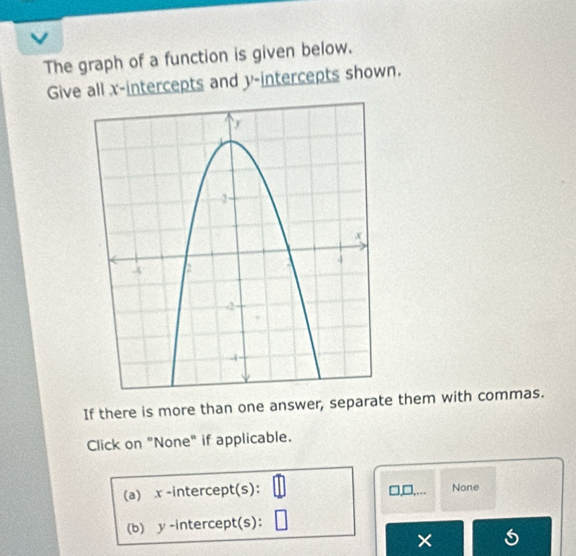 The graph of a function is given below. 
Give all x-intercepts and y-intercepts shown. 
If there is more than one answer, separate them with commas. 
Click on "None" if applicable. 
(a) x -intercept(s): 0, □,... None 
(b) y -intercept(s): 
×