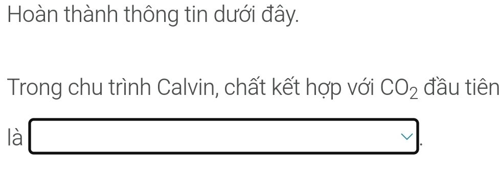 Hoàn thành thông tin dưới đây. 
Trong chu trình Calvin, chất kết hợp với CO_2 đầu tiên 
là □