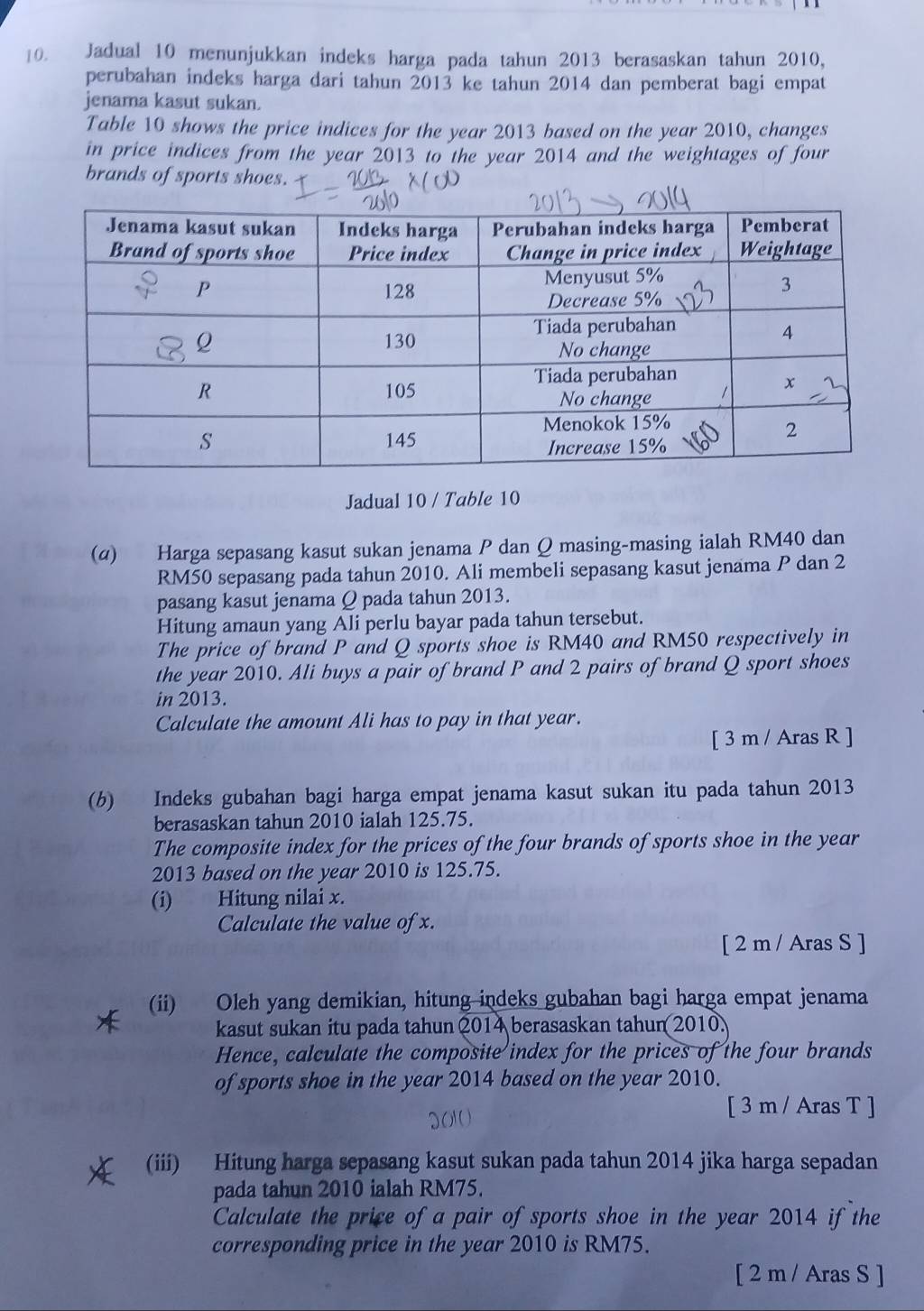 Jadual 10 menunjukkan indeks harga pada tahun 2013 berasaskan tahun 2010,
perubahan indeks harga dari tahun 2013 ke tahun 2014 dan pemberat bagi empat
jenama kasut sukan.
Table 10 shows the price indices for the year 2013 based on the year 2010, changes
in price indices from the year 2013 to the year 2014 and the weightages of four
brands of sports shoes.
Jadual 10 / Table 10
(α) Harga sepasang kasut sukan jenama P dan Q masing-masing ialah RM40 dan
RM50 sepasang pada tahun 2010. Ali membeli sepasang kasut jenama P dan 2
pasang kasut jenama Q pada tahun 2013.
Hitung amaun yang Ali perlu bayar pada tahun tersebut.
The price of brand P and Q sports shoe is RM40 and RM50 respectively in
the year 2010. Ali buys a pair of brand P and 2 pairs of brand Q sport shoes
in 2013.
Calculate the amount Ali has to pay in that year.
[ 3 m / Aras R ]
(b) Indeks gubahan bagi harga empat jenama kasut sukan itu pada tahun 2013
berasaskan tahun 2010 ialah 125.75.
The composite index for the prices of the four brands of sports shoe in the year
2013 based on the year 2010 is 125.75.
(i) Hitung nilai x.
Calculate the value of x.
[ 2 m / Aras S ]
(ii) Oleh yang demikian, hitung indeks gubahan bagi harga empat jenama
kasut sukan itu pada tahun 2014 berasaskan tahun 2010.
Hence, calculate the composite index for the prices of the four brands
of sports shoe in the year 2014 based on the year 2010.
[ 3 m / Aras T ]
(iii) Hitung harga sepasang kasut sukan pada tahun 2014 jika harga sepadan
pada tahun 2010 ialah RM75.
Calculate the price of a pair of sports shoe in the year 2014 if the
corresponding price in the year 2010 is RM75.
[ 2 m / Aras S ]