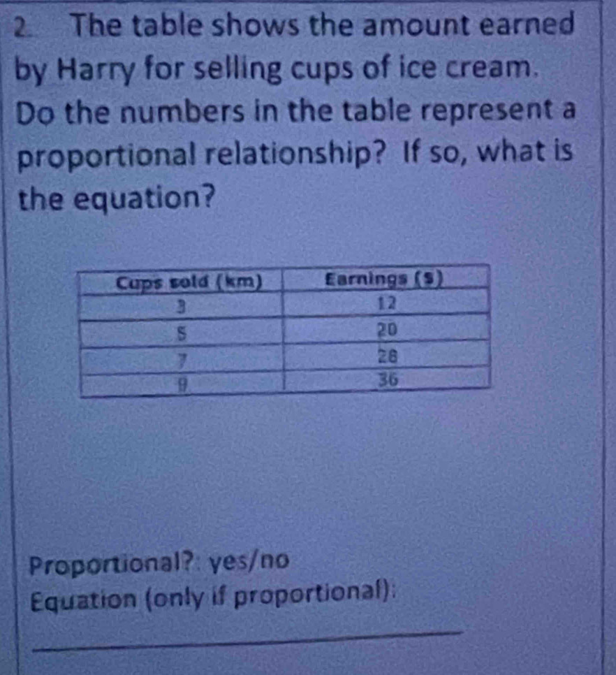 The table shows the amount earned 
by Harry for selling cups of ice cream. 
Do the numbers in the table represent a 
proportional relationship? If so, what is 
the equation? 
Proportional?: yes/no 
Equation (only if proportional): 
_