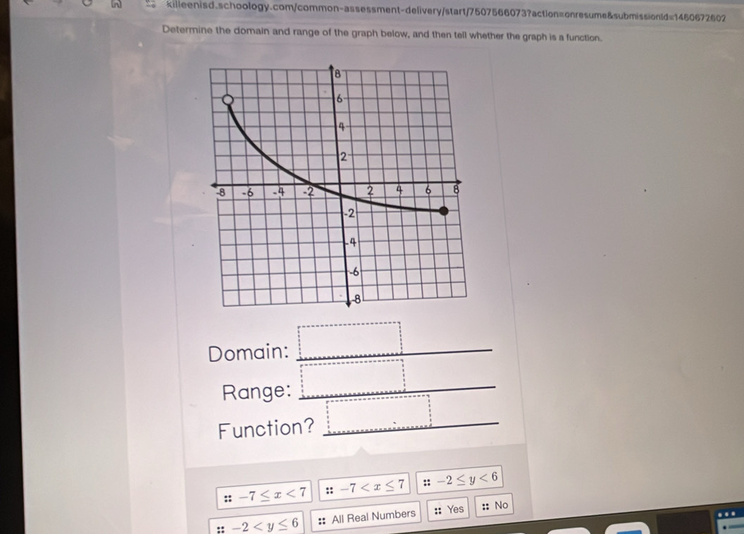 -7≤ x<7</tex> ::-7 ::-2≤ y<6</tex> 
:: -2 All Real Numbers :: Yes :: No