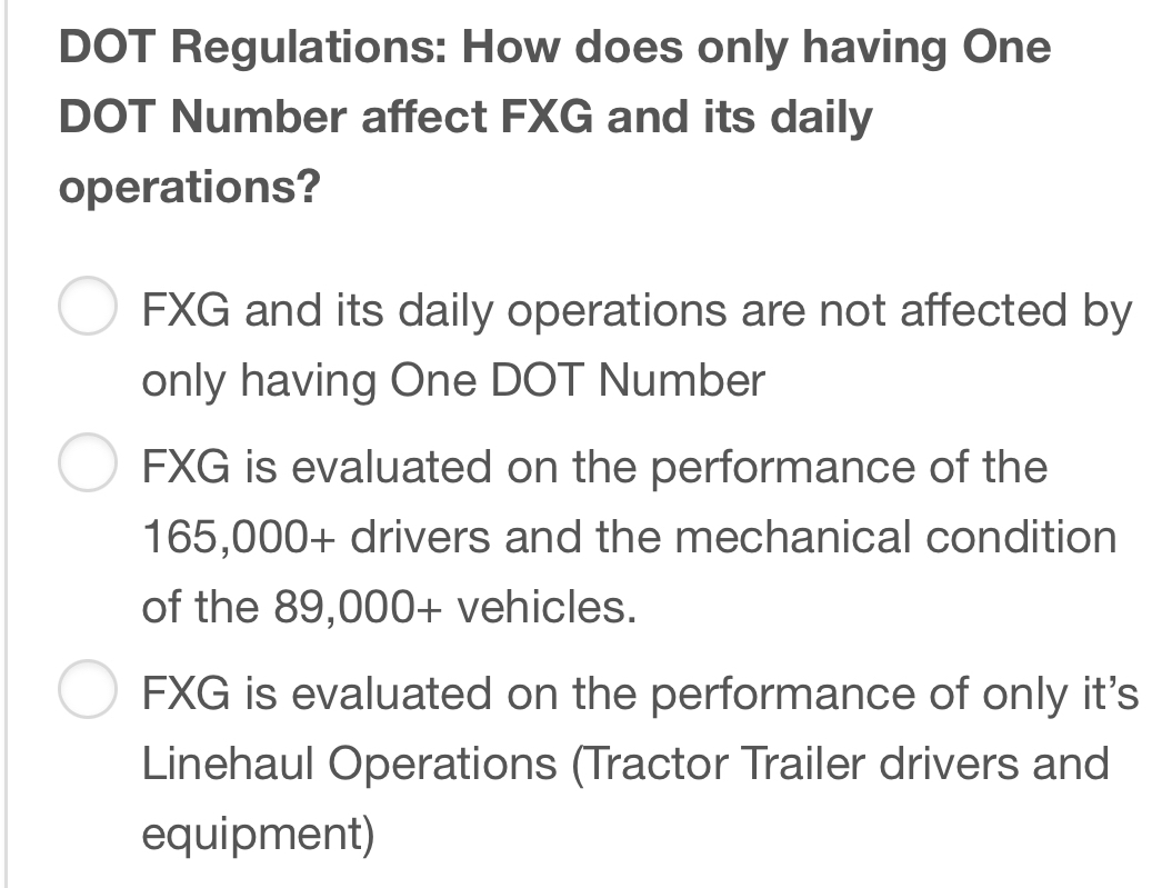 Solved: DOT Regulations: How does only having One DOT Number affect FXG ...
