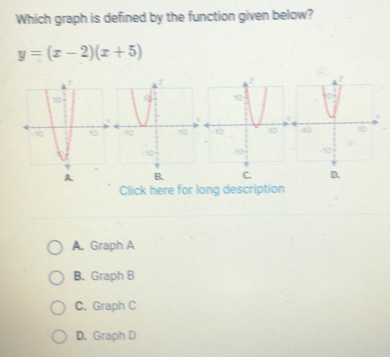 Which graph is defined by the function given below?
y=(x-2)(x+5)

A.
B.
C
D.
Click here for long description
A. Graph A
B. Graph B
C. Graph C
D. Graph D