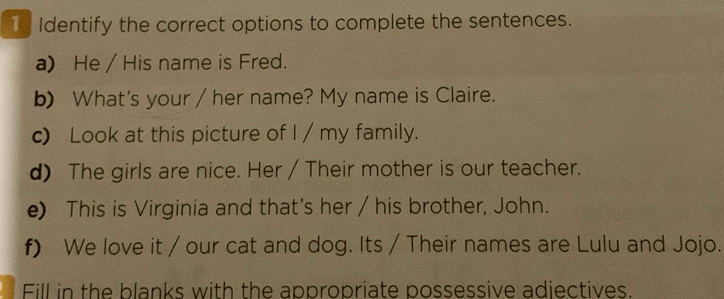 Identify the correct options to complete the sentences. 
a) He / His name is Fred. 
b) What's your / her name? My name is Claire. 
c) Look at this picture of I / my family. 
d) The girls are nice. Her / Their mother is our teacher. 
e) This is Virginia and that's her / his brother, John. 
f) We love it / our cat and dog. Its / Their names are Lulu and Jojo. 
Fill in the blanks with the appropriate possessive adjectives.