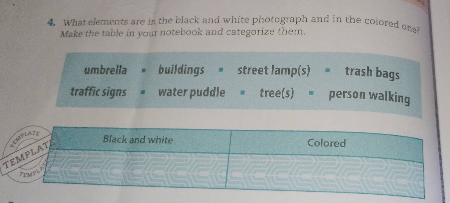 What elements are in the black and white photograph and in the colored one? 
Make the table in your notebook and categorize them. 
umbrella ■ buildings ■ street lamp(s) ■ trash bags 
traffic signs ■ water puddle ■ tree(s) ■ person walking