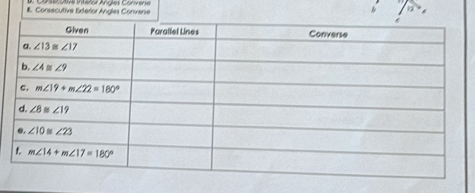 a. Consecutive interor Angles Converse
E. Consecutive Exterlor Angles Converse