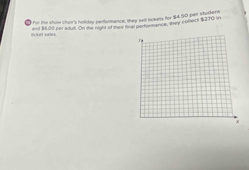 For the show choir's holiday performance, they sell tickets for $4.50 per student 
and $6.00 per adult. On the night of their final performance, they collect $270 in 
ticket sales.