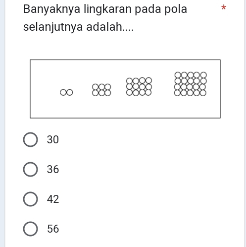 Banyaknya lingkaran pada pola
selanjutnya adalah....
30
36
42
56