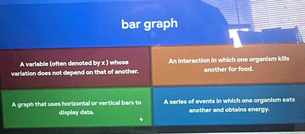 bar graph
A variable (often denoted by x ) whose An interaction in which one organism kills
variation does not depend on that of another. another for food.
A graph that uses horizontal or vertical bars to A serles of events In which one organism eats
display data. another and obtains energy.