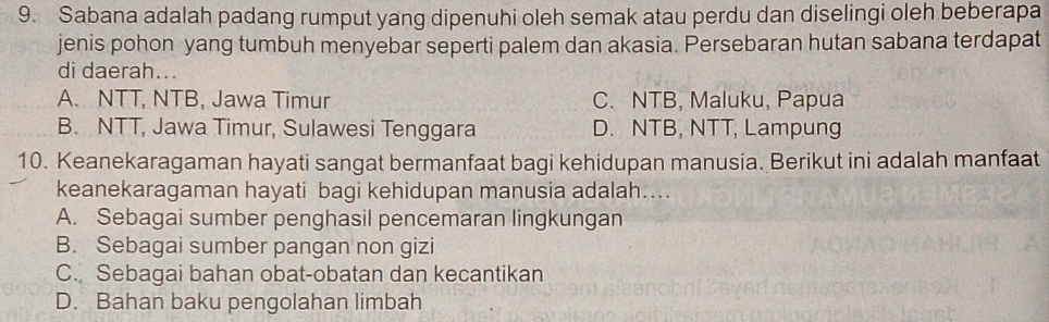 Sabana adalah padang rumput yang dipenuhi oleh semak atau perdu dan diselingi oleh beberapa
jenis pohon yang tumbuh menyebar seperti palem dan akasia. Persebaran hutan sabana terdapat
di daerah...
A. NTT, NTB, Jawa Timur C. NTB, Maluku, Papua
B. NTT, Jawa Timur, Sulawesi Tenggara D. NTB, NTT, Lampung
10. Keanekaragaman hayati sangat bermanfaat bagi kehidupan manusia. Berikut ini adalah manfaat
keanekaragaman hayati bagi kehidupan manusia adalah....
A. Sebagai sumber penghasil pencemaran lingkungan
B. Sebagai sumber pangan non gizi
C. Sebagai bahan obat-obatan dan kecantikan
D. Bahan baku pengolahan limbah