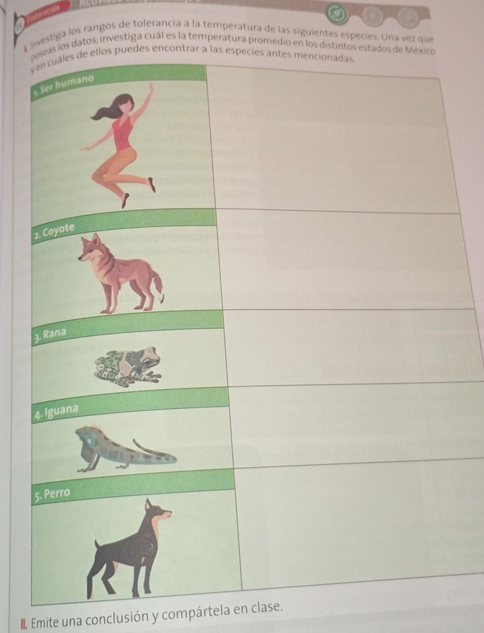 ción 
L investiga los rangos de tolerancia a la temperatura de las siguientes especies. Una vez que 
los datos, investiga cuál es la temperatura promedio en los distintos esta 
III, Emite una conclusión y compártela en clase.