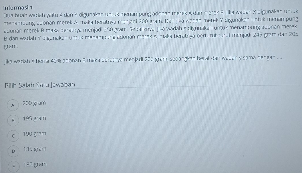 Informasi 1.
Dua buah wadah yaitu X dan Y digunakan untuk menampung adonan merek A dan merek B. Jika wadah X digunakan untuk
menampung adonan merek A, maka beratnya menjadi 200 gram. Dan jika wadah merek Y digunakan untuk menampung
adonan merek B maka beratnya menjadi 250 gram. Sebaliknya, Jika wadah X digunakan untuk menampung adonan merek
B dan wadah Y digunakan untuk menampung adonan merek A, maka beratnya berturut-turut menjadi 245 gram dan 205
gram.
Jika wadah X berisi 40% adonan B maka beratnya menjadi 206 gram, sedangkan berat dari wadah y sama dengan ....
Pilih Salah Satu Jawaban
A 200 gram
B 195 gram
c 190 gram
D 185 gram
E 180 gram