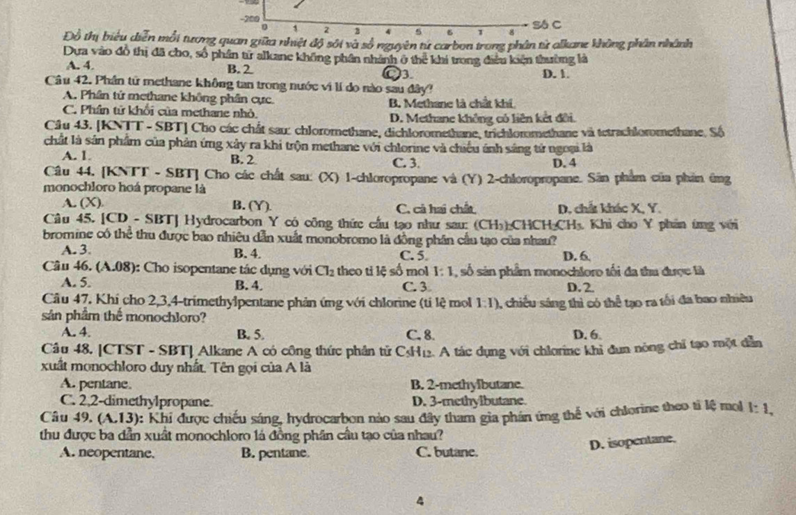200 Só C
D , z 4 5 6 1 8
Đồ thị biểu diễn mỗi tương quan giữa nhiệt độ sôi và số nguyên tứ carbon trong phân từ alkane không phân nhánh
Dưa vào đồ thị đã cho, số phần từ alkane không phần nhánh ở thể khi trong điều kiện thường là
A. 4. B. 2 O3 D. 1.
Câu 42. Phần tử methane không tan trong nước vi lí do nào sau đây?
A. Phân tứ methane không phần cực
B. Methane là chất khí
C. Phân tử khối của methane nhỏ.
D. Methane không có liên kết đôi.
Câu 43. [KNTT - SBT] Cho các chất sau: chloromethane, dichloromethane, trichloromethane và tetrachloromethane, Số
chất là sản phẩm của phản ứng xây ra khi trộn methane với chlorine và chiều ánh sáng tử ngoại là
A. 1. B. 2 C. 3.
D.4
Câu 44, [KNTT - SBT] Cho các chất sau: (X) 1-chloropropane và (Y) 2-chloropropane. Sân phẩm của phản ứng
monochloro hoá propane là
A. (X) B. (Y). C. cả hai chất, D. chất khác X, Y.
Câu 45. [CD - SBT] Hydrocarbon Y có công thức cấu tạo như sau: (CH)):CHCH₂CH₃. Khi cho Y phản ứng với
bromine có thể thu được bao nhiêu dẫn xuất monobromo là đồng phân cầu tạo của nhau?
A. 3. B. 4. C. 5 D. 6
Câu 46. (A.08) : Cho isopentane tác dụng với Cl_2 theo ti lệ số mol 1:1 , số sản phẩm monochloro tối đa thu được là
A. 5. B. 4. C. 3 D. 2
Câu 47. Khi cho 2,3,4-trimethylpentane phản ứng với chlorine (tỉ lệ mol 1:1) , chiều sáng thì có thể tạo ra tối đa bao nhiêu
sản phẩm thể monochloro?
A. 4. B. 5. C. 8. D. 6
Câu 48. [CTST - SBT] Alkane A có công thức phân tử CH12. A tác dụng với chlorine khi đun nòng chỉ tạo một dẫn
xuất monochloro duy nhất. Tên gọi của A là
A. pentane. B. 2-methylbutane.
C. 2,2-dimethylpropane. D. 3-methylbutane.
Cầâu 49. (A.13): Khi được chiếu sáng, hydrocarbon nào sau đây tham gia phán ứng thể với chlorine theo tỉ lệ mol 1: 1,
thu được ba dẫn xuất monochloro 1á đồng phân cầu tạo của nhau?
D. isopentane.
A. neopentane. B. pentane C. butane.
4