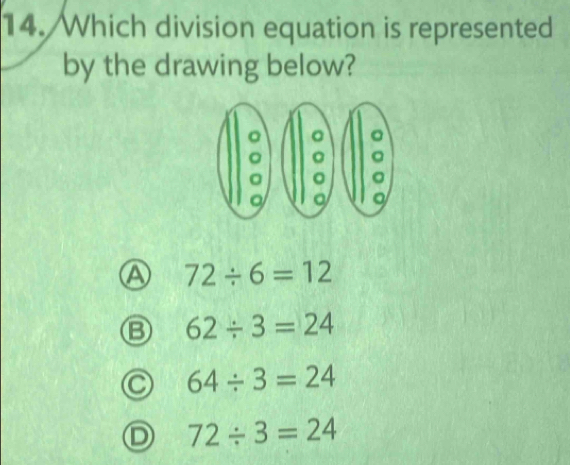 Which division equation is represented
by the drawing below?
a 。 。
。 。 。
0 。 。
A 72/ 6=12
Ⓑ 62/ 3=24
C 64/ 3=24
72/ 3=24