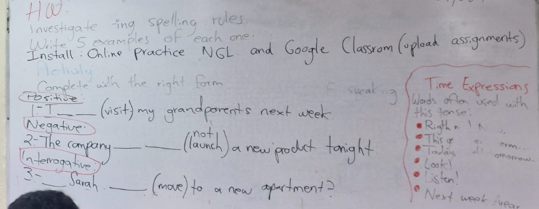 +00. 
Investigate ing spelling roles 
Write S examples of each one 
Install. Online practice NSL and Google Classrom (opload assignments) 
Complete with the right form Time Expressions 
C speak g Words often used with 
Positive 
1-T _(visit). my grandparents next week this tense: 
Negative Rigthn I M 
2: The company_ 
_(lautch) a new podct foright This a e erm. 
Toddy l omorrow. 
Interrogative 
Look! 
3-_ Sarah _(move) to a new apartment? 
listen! 
Next week 'year