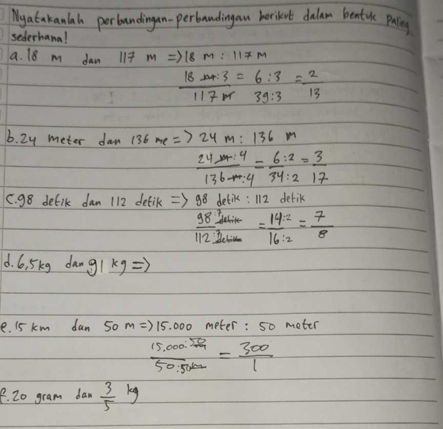 Nyatakanlah perbandingan-perbandingan berikut dalam bentrle paling 
sederhana! 
a. 18 m dan I17 mRightarrow 18m∴ 117m
 18w34:3/117m =beginarrayr 6:3 39:3endarray = 2/13 
6. 2y meter dan 13 6meRightarrow 24m:136m
 (24* 4)/136-m· 4 = 6:2/34:2 = 3/17 
C. 98 defik dan 112 detik 98 detik: 112 detik
 98/112 frac 14 terline2= 14· 2/16:2 = 7/8 
d. 6, 5kg dang g 1kg 
e. 15 k m dan 50mRightarrow 15.000 meter: so meter
 (15.000· 50)/50.300 = 300/1 
8. 20 gram dan  3/5 kg