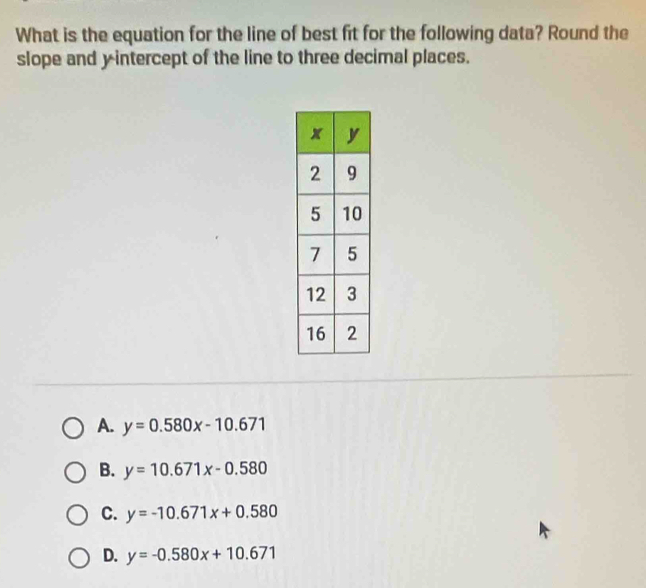 What is the equation for the line of best fit for the following data? Round the
slope and y intercept of the line to three decimal places.
A. y=0.580x-10.671
B. y=10.671x-0.580
C. y=-10.671x+0.580
D. y=-0.580x+10.671