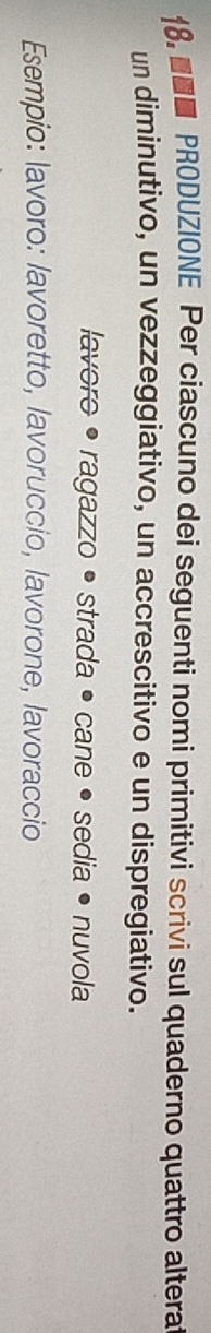 ■ PRODUZIONE Per ciascuno dei seguenti nomi primitivi scrivi sul quaderno quattro altera 
un diminutivo, un vezzeggiativo, un accrescitivo e un dispregiativo. 
lavoro • ragazzo • strada • cane • sedia • nuvola 
Esempio: lavoro: lavoretto, lavoruccio, lavorone, lavoraccio