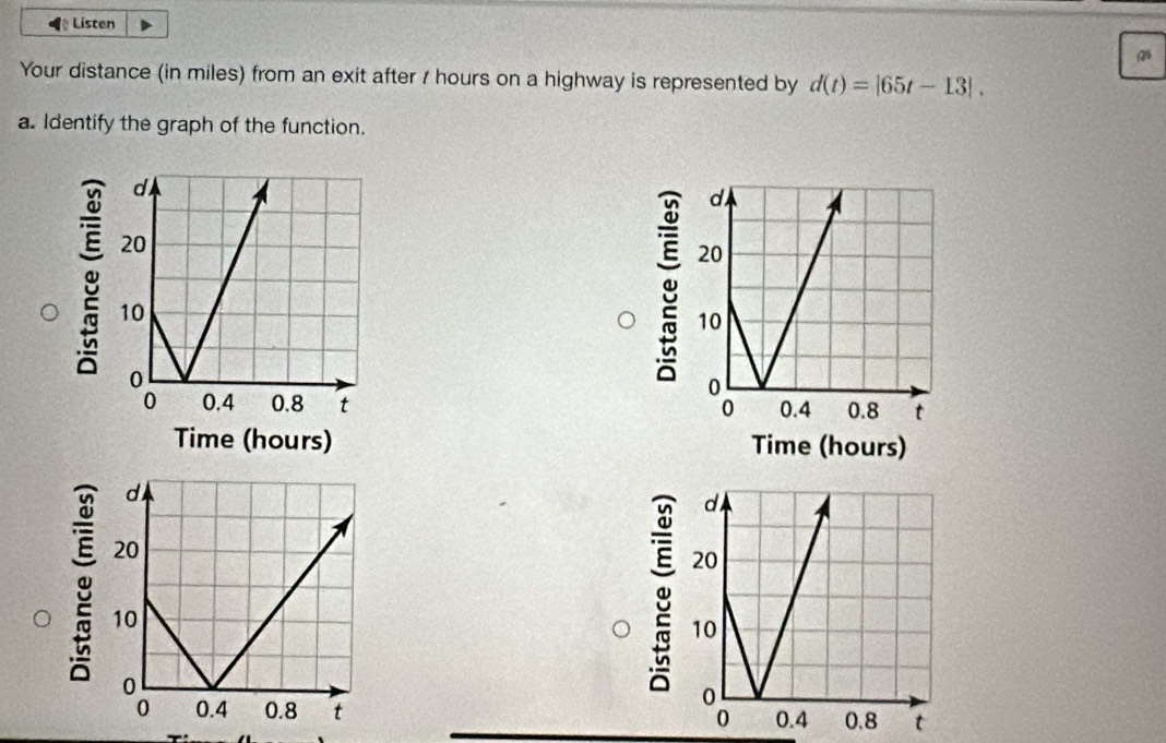 Listen 
Your distance (in miles) from an exit after / hours on a highway is represented by d(t)=|65t-13|, 
a. Identify the graph of the function. 


Time (hours) 
J