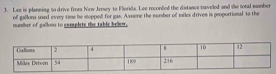 Lee is planning to drive from New Jersey to Florida. Lee recorded the distance traveled and the total number 
of gallons used every time he stopped for gas. Assume the number of miles driven is proportional to the 
number of gallons to complete the table below,