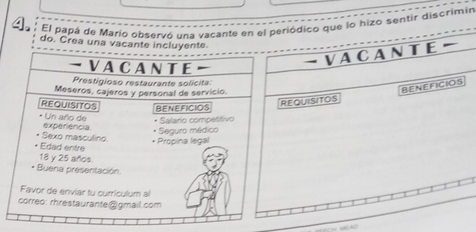 El papá de Marío observó una vacante en el periódico que lo hizo sentir discrimin 
do. Crea una vacante inclyente 
VACANTE 
EQUISITOS BENEFICIOS