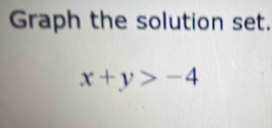 Graph the solution set.
x+y>-4