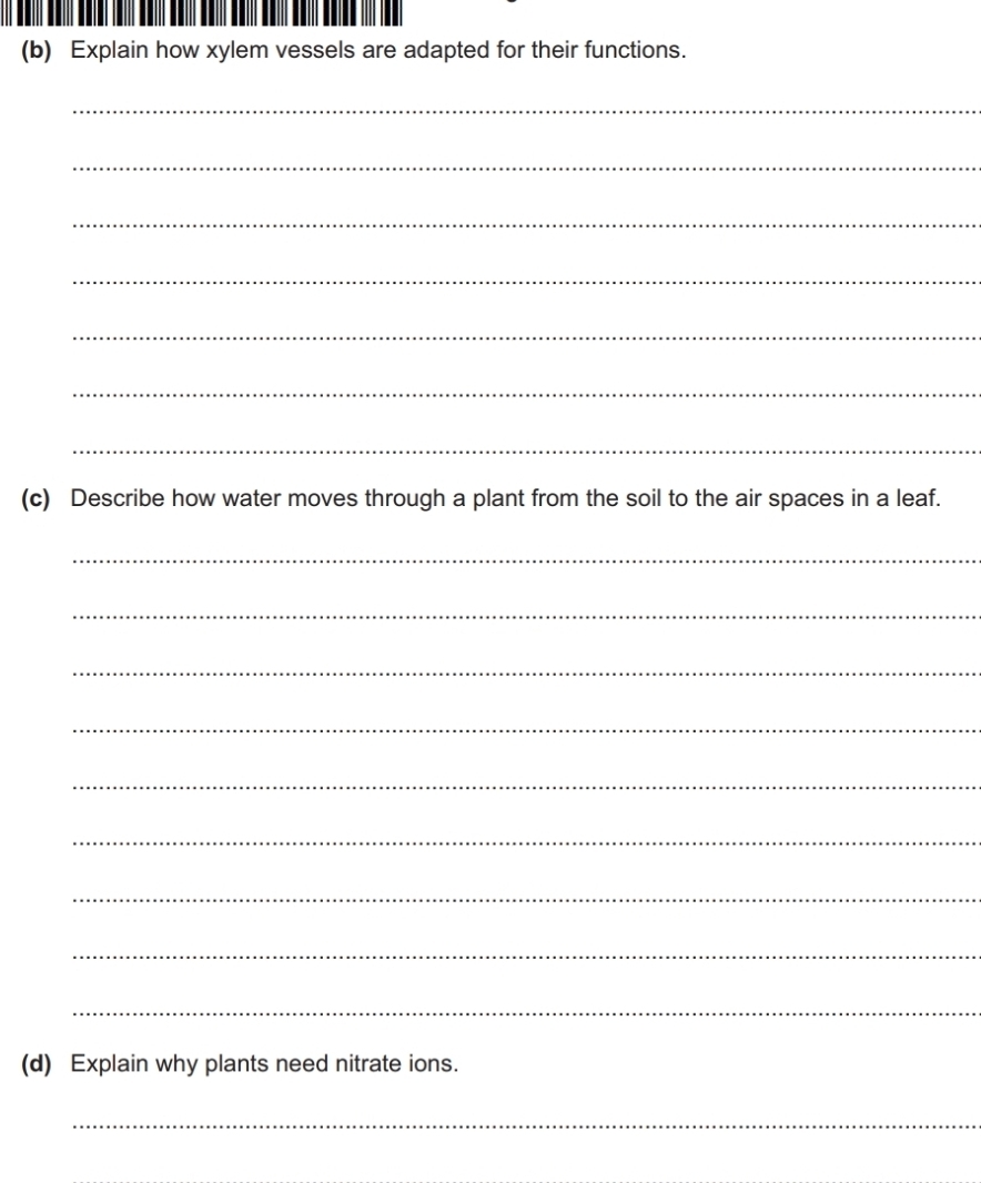 Explain how xylem vessels are adapted for their functions. 
_ 
_ 
_ 
_ 
_ 
_ 
_ 
(c) Describe how water moves through a plant from the soil to the air spaces in a leaf. 
_ 
_ 
_ 
_ 
_ 
_ 
_ 
_ 
_ 
(d) Explain why plants need nitrate ions. 
_