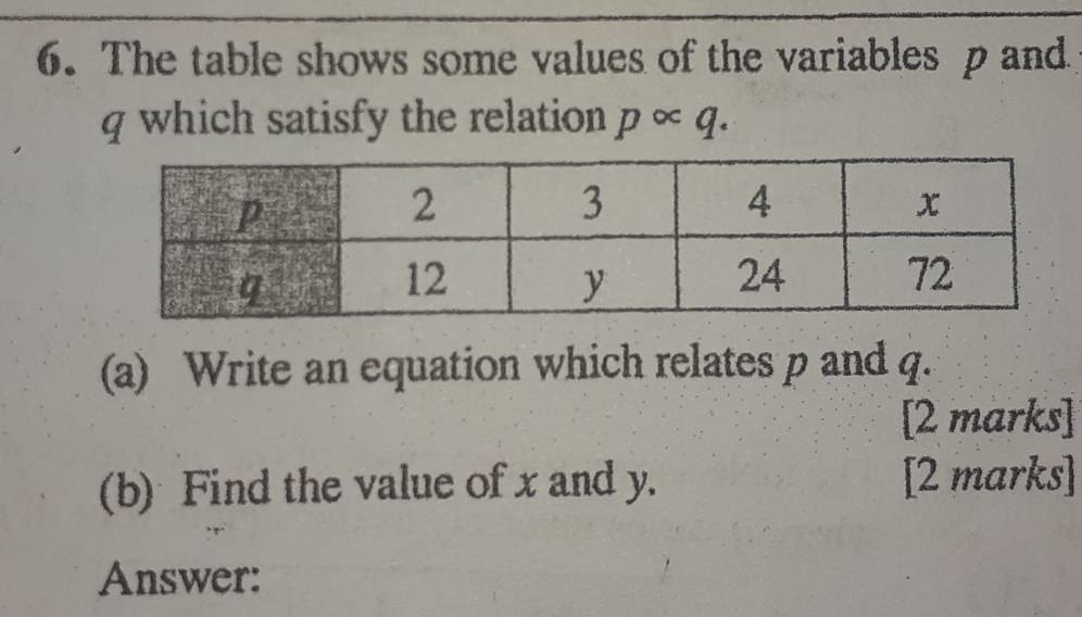 The table shows some values of the variables p and
q which satisfy the relation palpha q. 
(a) Write an equation which relates p and q. 
[2 marks] 
(b) Find the value of x and y. [2 marks] 
Answer: