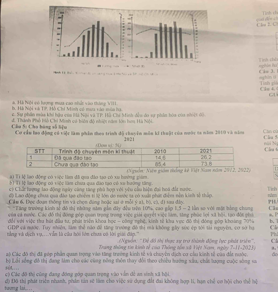 Tính ch
quả đến ch
Câu 2. Ch
Tính chèi
nghìn ha
Hanh 10, Bển t an dộ co cư ng moa 8 tà ha cà TP   Câu 3. 1
nghin ti
Tinh giá
Câu 4. (
giá
a. Hà Nội có lượng mưa cao nhất vào tháng VIII.
b. Hà Nội và TP. Hồ Chí Minh có mưa vào mùa hạ.
c. Sự phân mùa khí hậu của Hà Nội và TP. Hồ Chí Minh đều do sự phân hóa của nhiệt độ.
d. Thành Phố Hồ Chí Minh có biên độ nhiệt năm lớn hơn Hà Nội.
Câu 5: Cho băng số liệu
Cơ cầu lao động có việc làm phân theo trình độ chuyên môn kĩ thuật của nước ta năm 2010 và năm Căn cứ
2021 Câu 5
núi Ng
Câu 6
(Nguồn: Niên giám thống kê Vi D
a) Ti lệ lao động có việc làm đã qua đào tạo có xu hướng giảm.
S
b) Tỉ lệ lao động có việc làm chưa qua đào tạo có xu hướng tăng.
c) Chất lượng lao động ngày càng tăng phù hợp với yêu cầu hiện đại hoá đất nước. Tính
d) Lao động chưa qua đào tạo chiếm tỉ lệ lớn do nước ta có xuất phát điểm nền kinh tế thấp. năm
Câu 6. Đọc đoạn thông tin và chọn đúng hoặc sai ở mỗi ý a), b), c), d) sau đây.  Phà
“Tăng trưởng kinh tế đô thị những năm gần đây đều trên 10%, cao gấp 1,5 - 2 lần so với mặt bằng chung Câu
của cả nước. Các đỗ thị đóng góp quan trọng trong việc giải quyết việc làm, tăng phúc lợi xã hội, tạo đột phá a, P
vđối với việc thu hút đầu tư, phát triển khoa học - công nghệ, kinh tế khu vực đô thị đóng góp khoảng 70% b, 1
GDP cả nước. Tuy nhiên, làm thế nào để tăng trưởng đô thị mà không gây sức ép tới tài nguyên, cơ sở hạ Câ
tằng và dịch vụ,.vẫn là câu hỏi lớn chưa có lời giải đáp.' Phâ
(Nguồn: 'Đê đô thị thực sự trở thành động lực phát triên', Câ
Trang thông tin kinh tế của Thông tấn xã Việt Nam, ngày 7-11-2023) a,
a) Các đô thị đã góp phần quan trọng vào tăng trưởng kinh tế và chuyển dịch cơ cấu kinh tế của đất nước. do
b) Lối sống đô thị dang làm cho các cùng nông thôn thay đổi theo chiều hướng xấu, chất lượng cuộc sống sa
sút,...
c) Các đô thị cũng đang đóng góp quan trọng vào vấn dề an sinh xã hội.
d) Đô thị phát triển nhanh, phân tán sẽ làm cho việc sử dụng đất đai không hợp lí, hạn chế cơ hội cho thế hệ
tương lai,…
