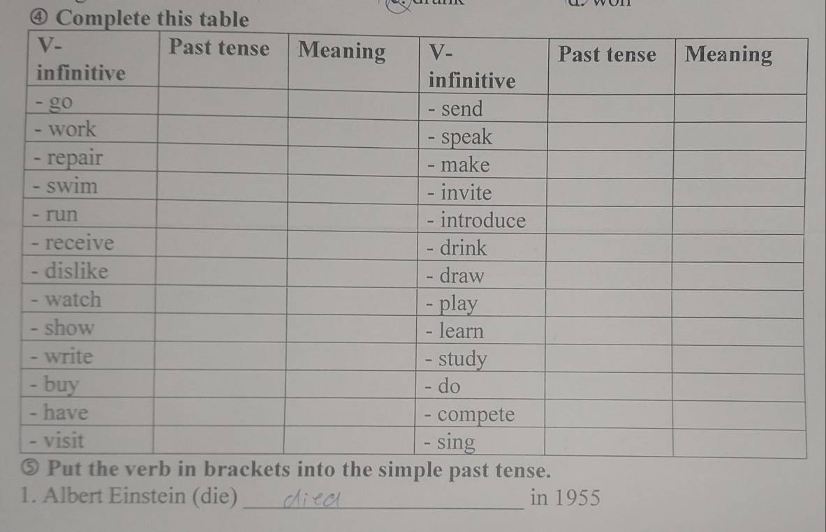 ④ Complete this table 
1. Albert Einstein (die) _in 1955