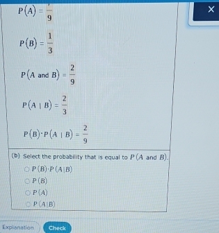 P(A)=frac 9
×
Explanation Check