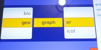 gra 
-er/ 
bio 
-ic 
geo graph er 
ical